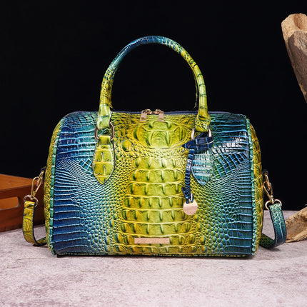 Women Crocodile Embossed Boston Satchel Handbag