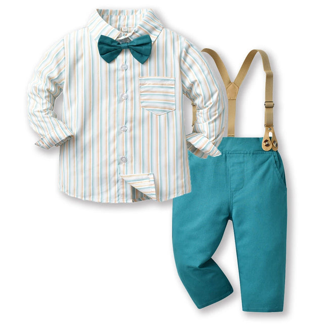 Baby Boy Grey White Bowtie Plaid Top+Suspender Formal Set