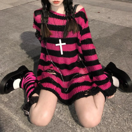 Women Pink Purple Striped Gothic Sweaters