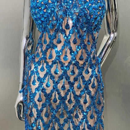 Women Blue Sequin Diamond Tassel Mini Dress