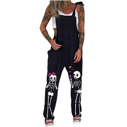 Women Cartoon Skull Casual Overall Romper