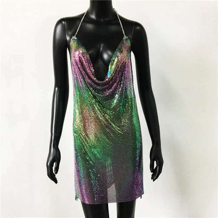 Women Backless Sequin Low Cut Mini Dress.