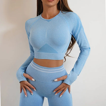 Women Solid Blue Leggings Crop Top Activewear Sets