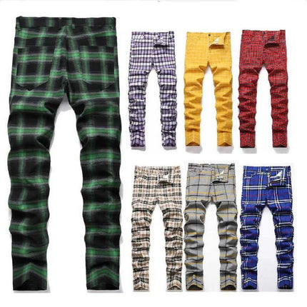 Men Business Casual Elastic Plaid Pants - Mad Fly Essentials