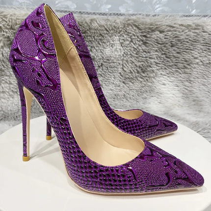 Women Purple Floral Embossed Crocodile Effect High Heels