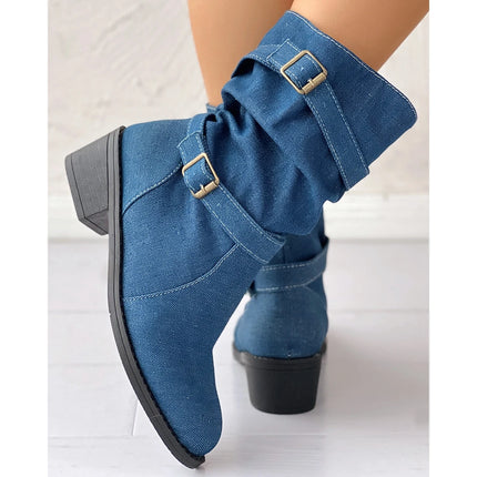 Women's Fashion Denim Round Toe Buckle Boots