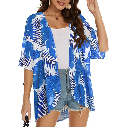 Women Blue Floral Loose Swimwear Coverup Kimono