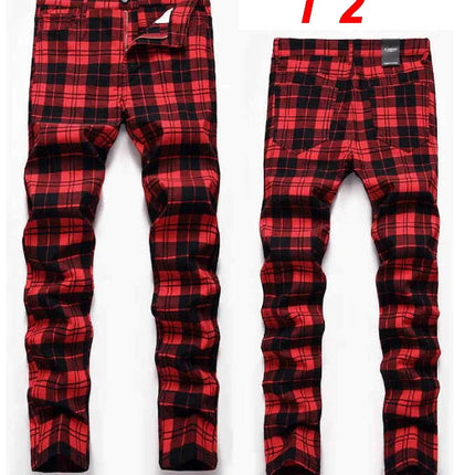 Men Business Casual Elastic Straight Plaid Pants