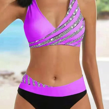 Women Stripe V Gradient Halter Bikini Set