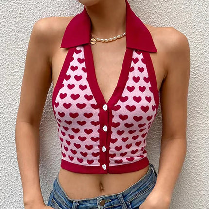 Women Halter Backless Love Hearts Crop Tops