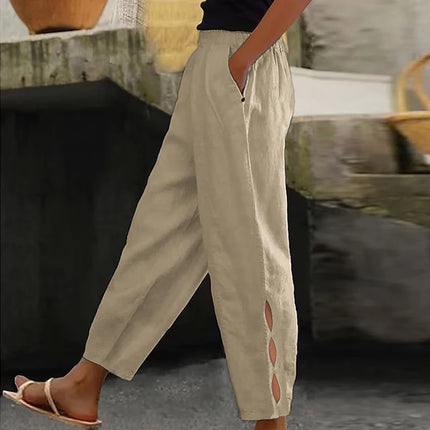 Women Vintage Fashion Solid Linen Pocket Pants