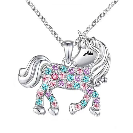 Women Girl Unicorn Animal Crystal Pendant Necklace