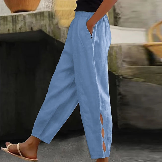 Women Vintage Fashion Solid Linen Pocket Pants