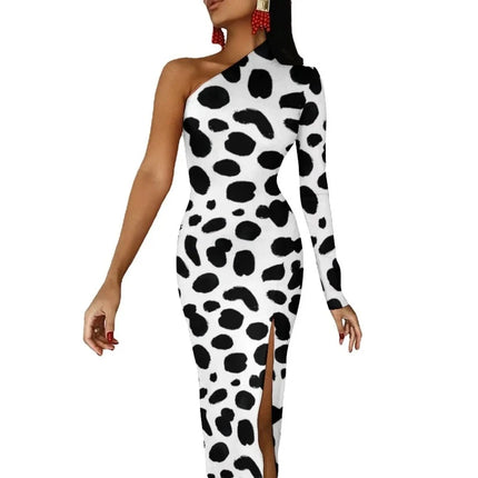 Women Dalmatian Animal Spotted Black Maxi Dress