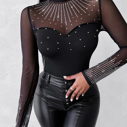 Women Solid Long Contrast Rhinestone Bodysuits