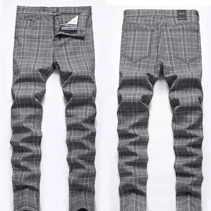 Men Business Casual Plaid High Stretch Red Black Pants