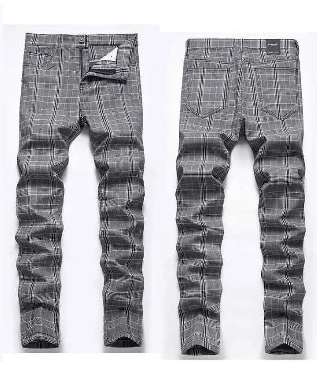Men Business Casual Plaid High Stretch Red Black Pants