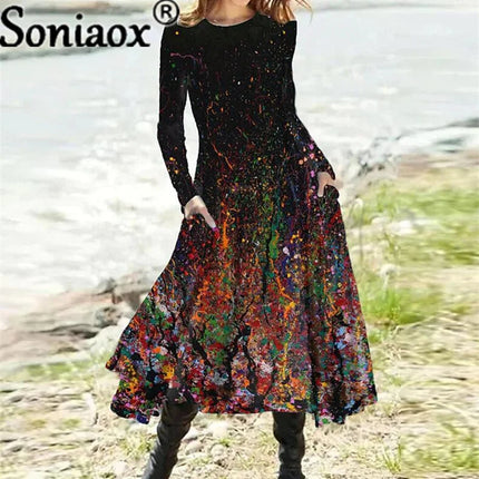 Women Vintage Bohemian Gradient MIDI Pocket Dress