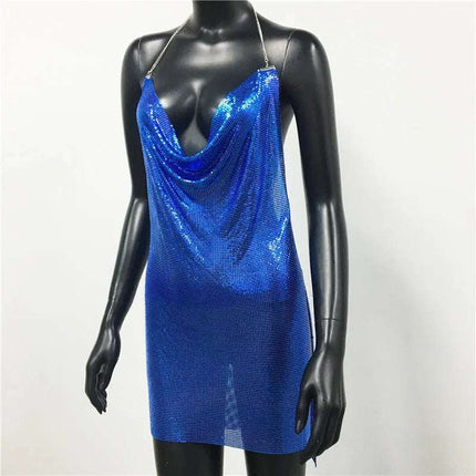 Women Backless Sequin Low Cut Mini Dress.