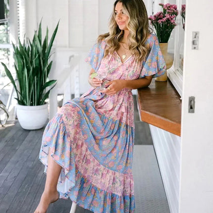 Women Summer Vintage Bohemian Pink Blue Maxi Dress