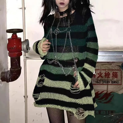 Women Striped Hollow Gothic Long Sweater