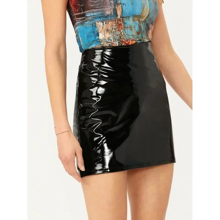 Women Black Leather Latex Mini Office Clubwear Skirt