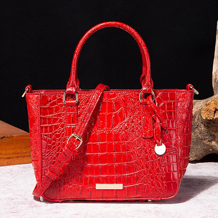 Women Pink Purple Crocodile Embossed Satchel Handbag