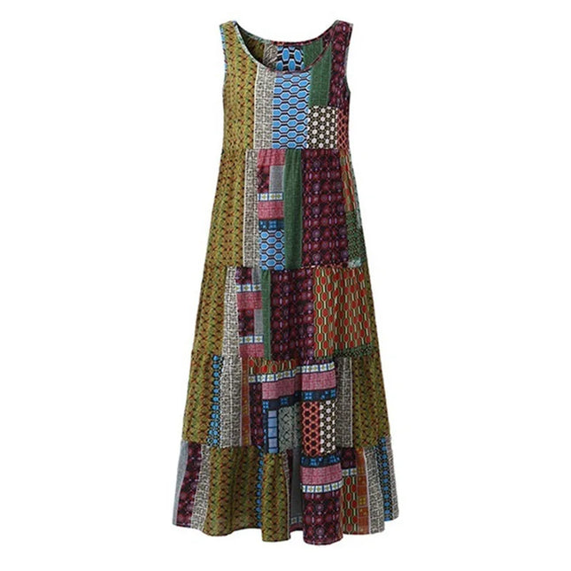 Women Vintage Bohemian Sleeveless Patchwork Dress