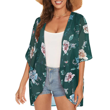 Women Blue Floral Loose Swimwear Coverup Kimono