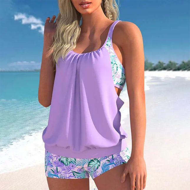 Women Purple Black 2pc Tankini Beach Swimwear Set