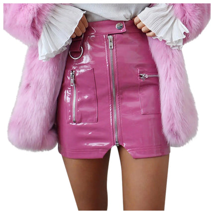 Women Zip Leather Pink Black Mini Skirts