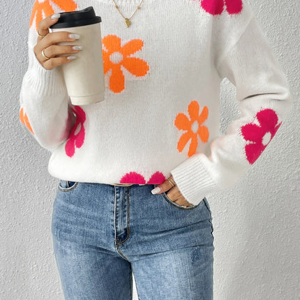 Women Crew Neck Floral Daisy Sweater