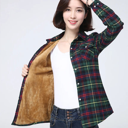 Women Winter Plaid Velvet Shirt Jacket