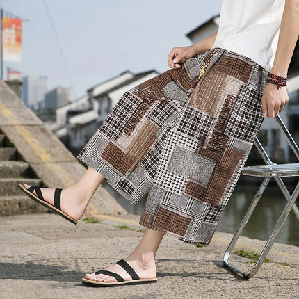 Men Japanese Samurai Plaid Harem Pants