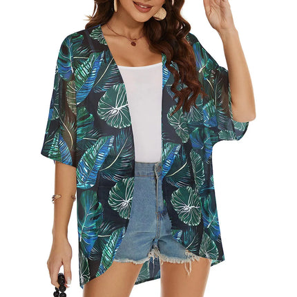 Women Blue Floral Loose Swimwear Coverup Kimono