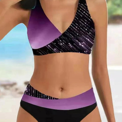 Women Stripe V Gradient Halter Bikini Set