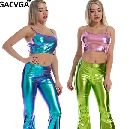 Women Holographic Solid Crop Top - Wide Leg Pants Matching Set