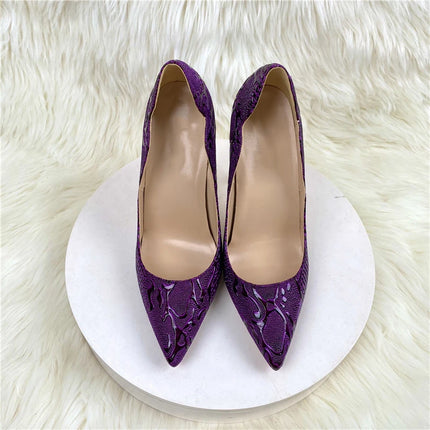 Women Purple Floral Embossed Crocodile Effect High Heels