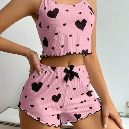 Women Summer Heart Crop Top Pajama Set