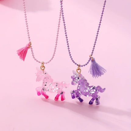 Girls 2PC Cartoon Resin Unicorn Pendant Necklace