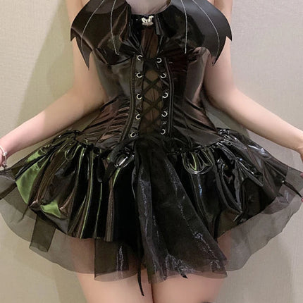 Women Hollow Out Gothic Leather Costume Dress Set