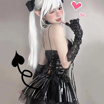 Women Hollow Out Gothic Leather Costume Dress Set