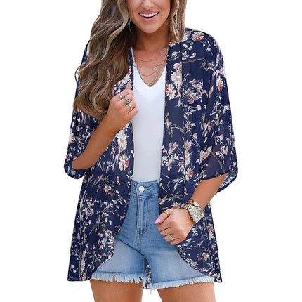 Women Blue Floral Loose Swimwear Coverup Kimono