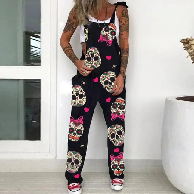 Women Cartoon Skull Casual Overall Romper