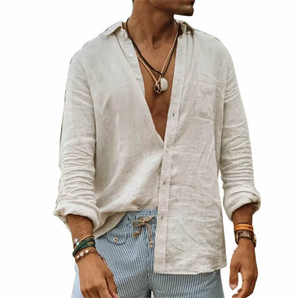 Men 2024 Casual Stand Collar Linen Shirts