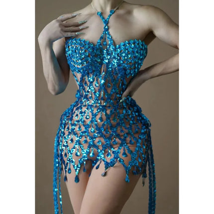 Women Blue Sequin Diamond Tassel Mini Dress