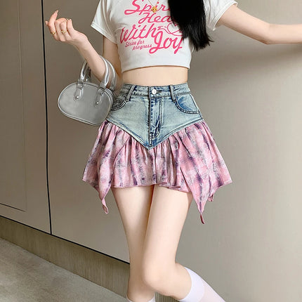 Women Patchwork High Waist A-Line Denim Skirt