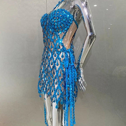 Women Blue Sequin Diamond Tassel Mini Dress