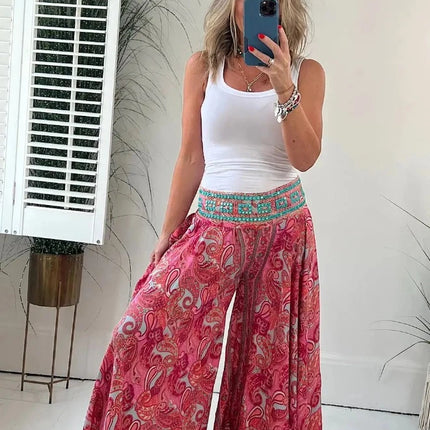 Women Floral Casual Elastic Wide Leg Pants