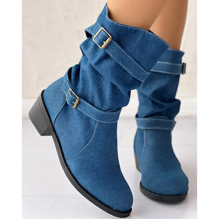 Women's Fashion Denim Round Toe Buckle Boots